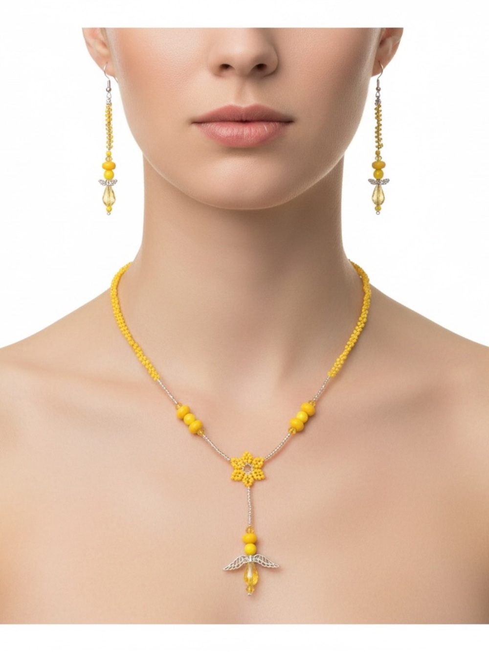 Bright Yellow Beaded Floral Drop Necklace for Women